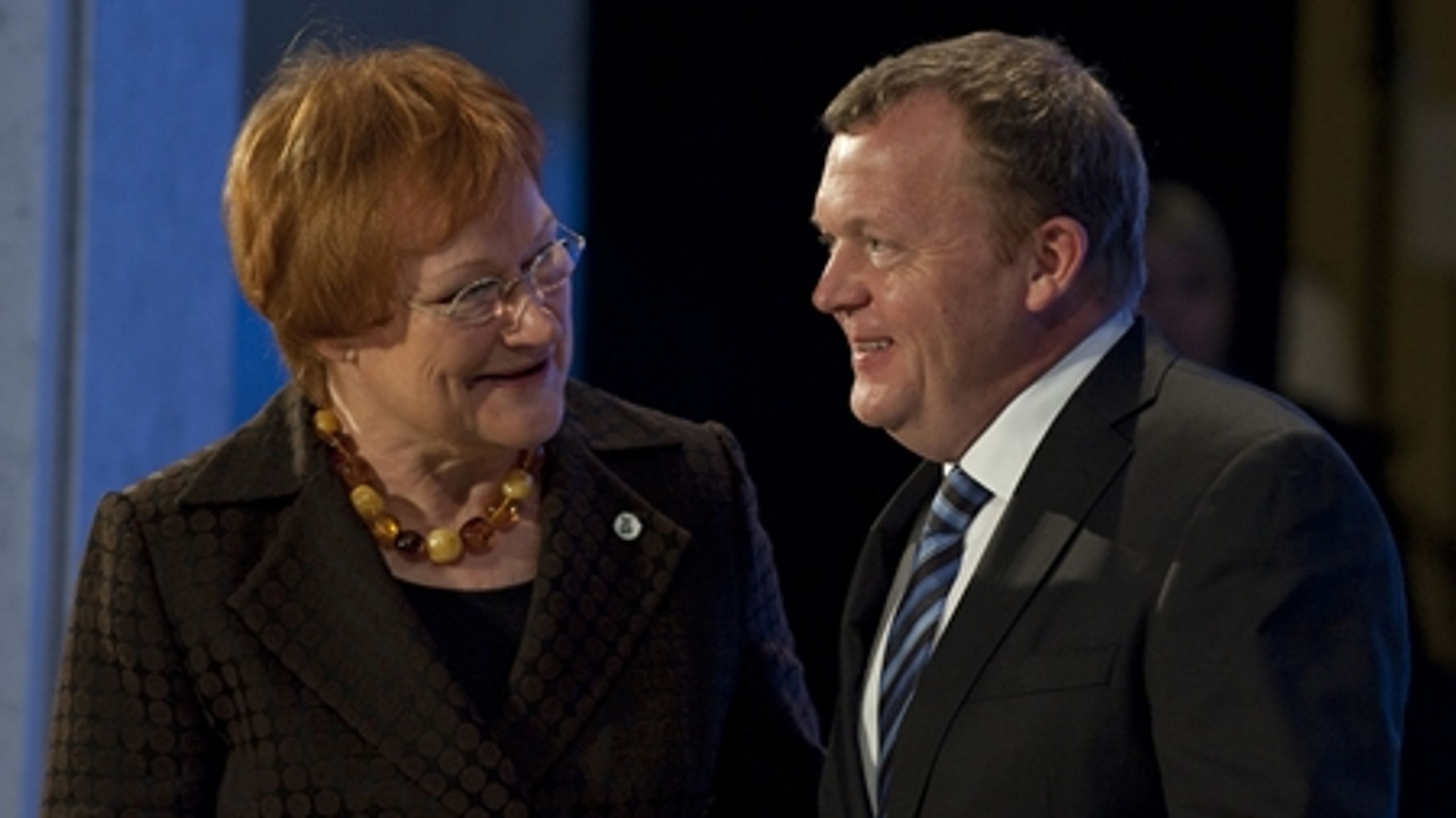 Finlands pr&#230;sident, Tarja Halonen og Danmarks statsminister, Lars L&#248;kke Rasmussen ved m&#248;det i Helsinki.