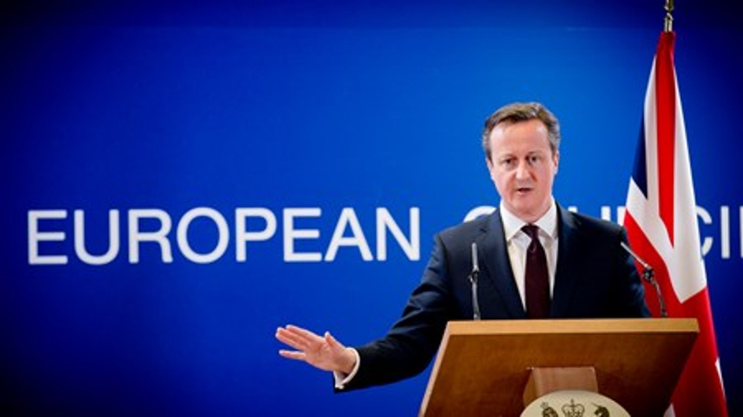 Den britiske premierminister&nbsp;David Cameron i Bruxelles ved sidste topmøde, hvor han endnu engang slog fast, at han vil have en afstemning om britisk medlemskab af EU, hvis han bliver genvalgt d. 8. maj.