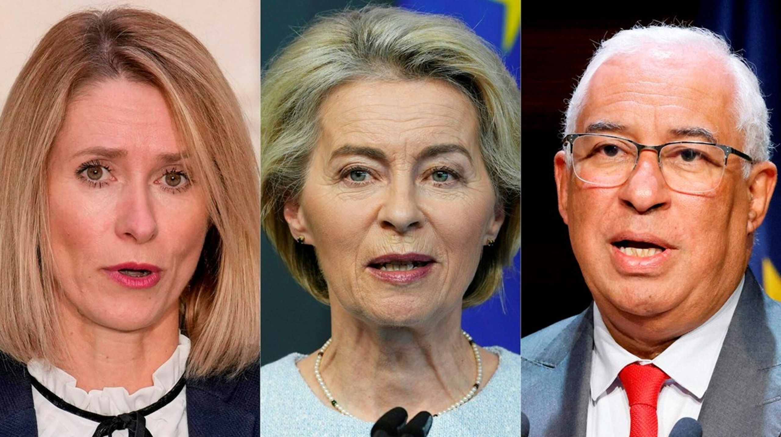 Kommissionsformand Ursula von der Leyen (i midten) skal flankeres af Estlands Kaja Kallas og Portugals António Costa som henholdsvis udenrigschef og rådsformand. Det er i hvert fald, hvad EU's stats- og regeringsledere ønsker. Nu bliver bolden spillet videre til Europa-Parlamentet.